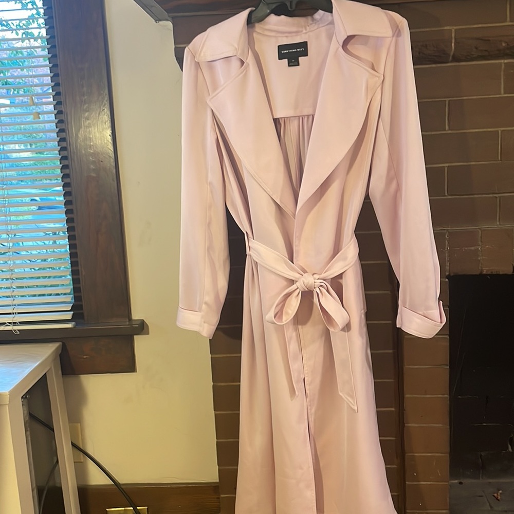 Something Navy. Color: dusty pink. Full length duster coat with belt tie.